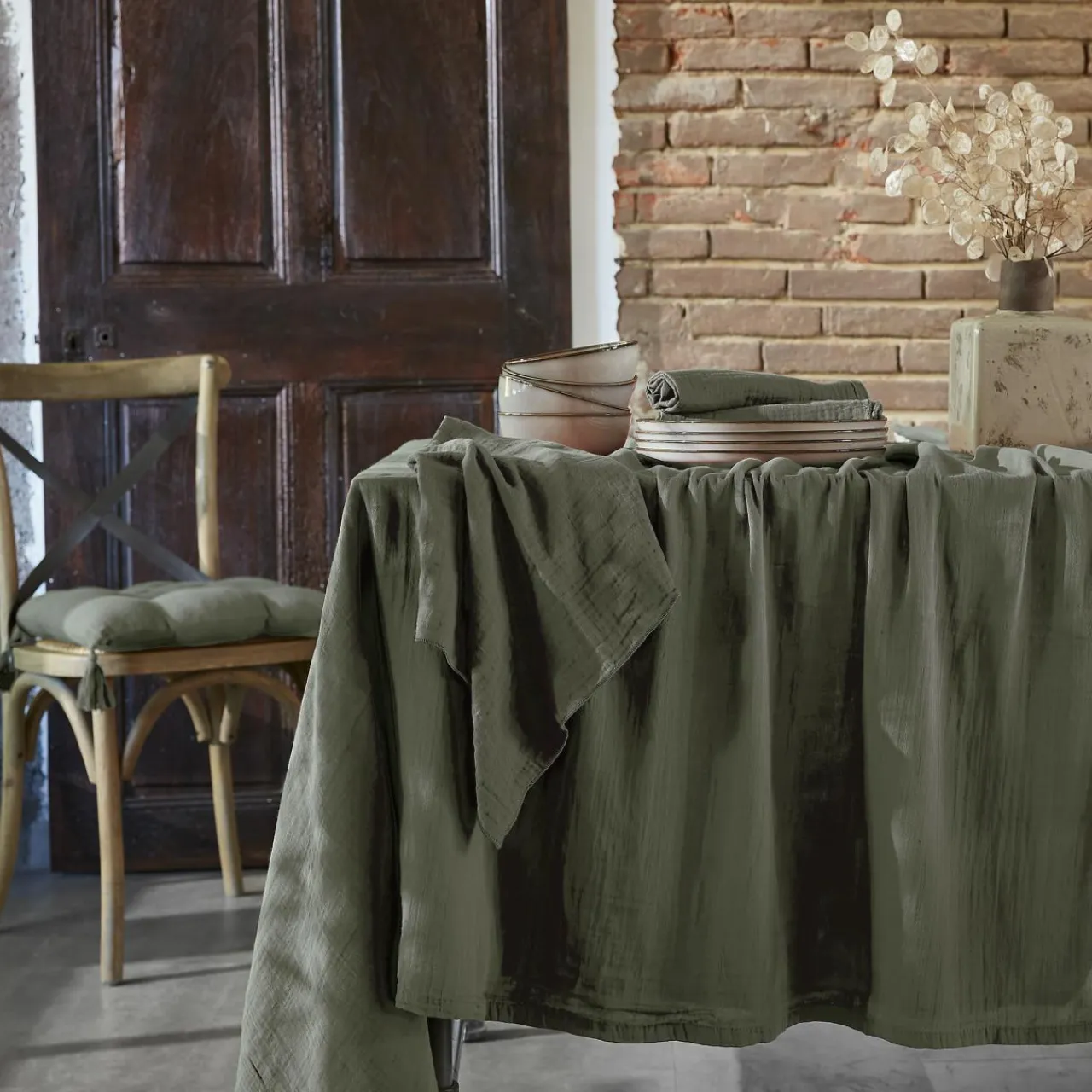 EMINZA Nappe rectangulaire gaze de coton (150 x 350 cm) Gaïa Vert romarin