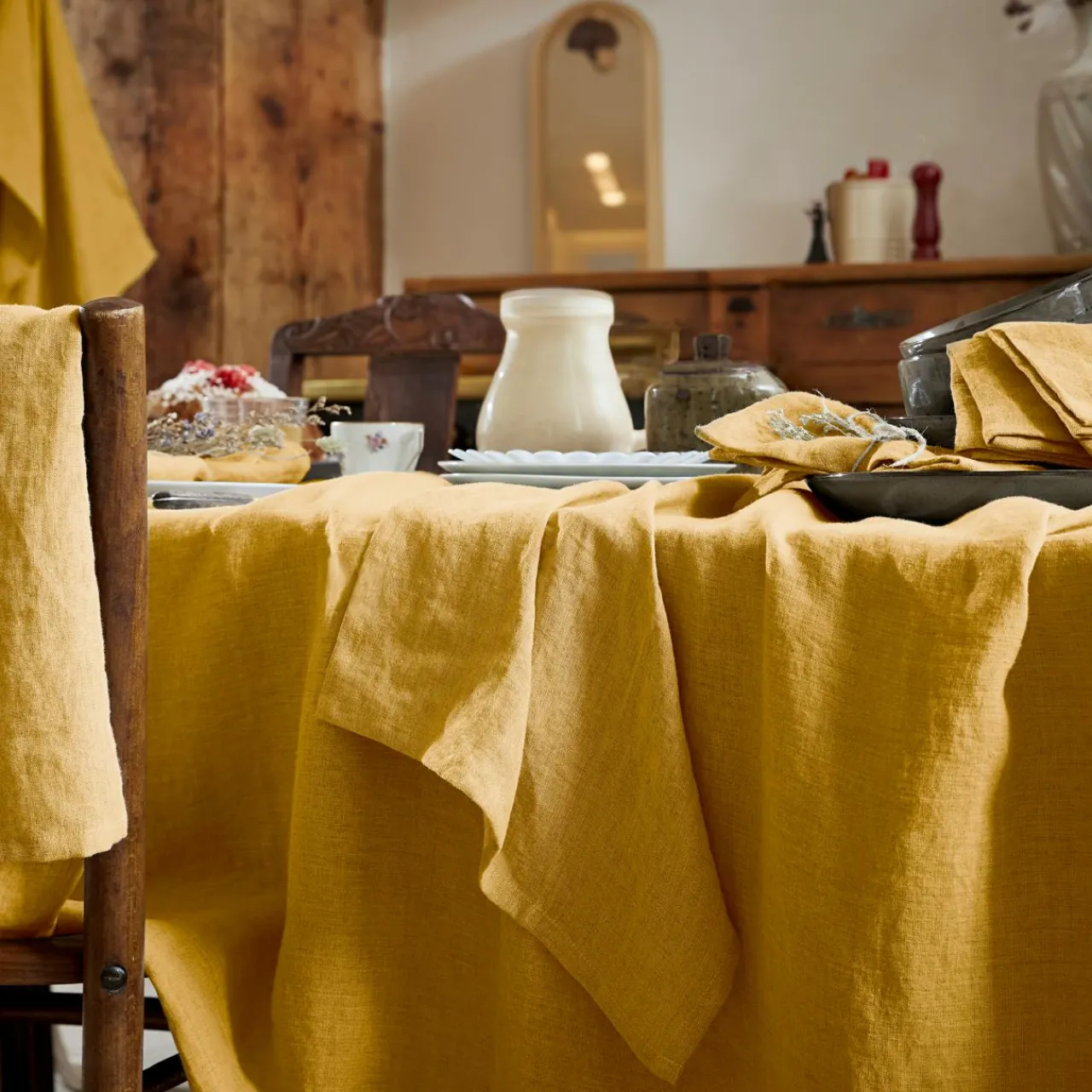 EMINZA Nappe rectangulaire lin lavé (170 x 350 cm) Louise Jaune moutarde New
