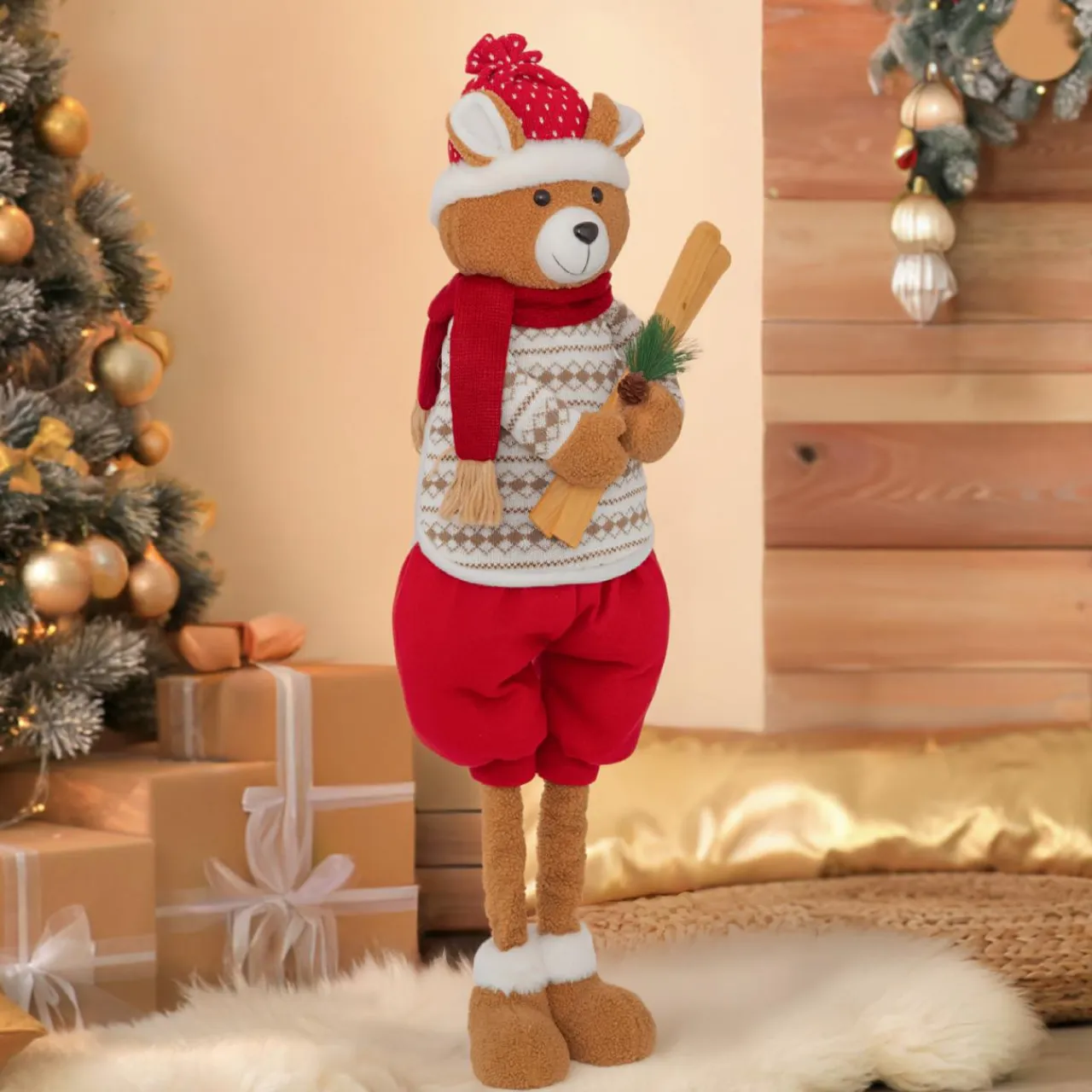JJA Ours peluche jambes téléscopiques (H95 cm) Petit Skieur Rouge New