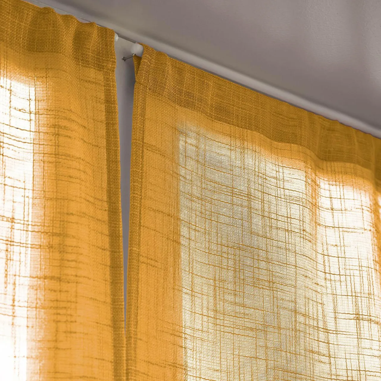 EMINZA Paire de voilages passe-tringle effet lin (60 x 120 cm) Robin Jaune ocre Discount