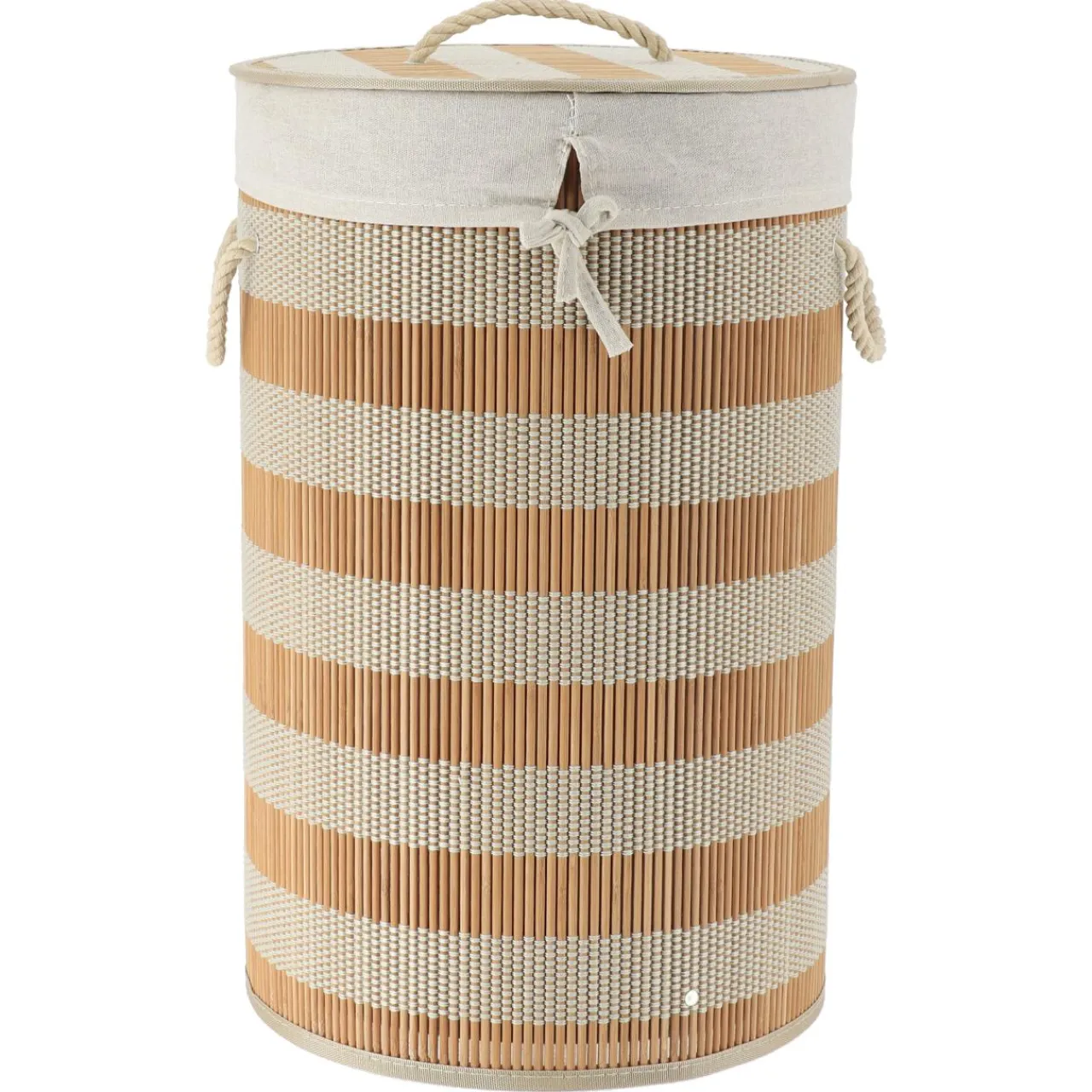 TENDANCE Panier à linge rond et pliable (H55 cm) Bambou et beige Naturel Best