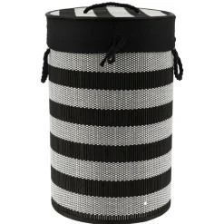 TENDANCE Panier à linge rond et pliable (H55 cm) Bambou Noir et blanc Noir cendré
