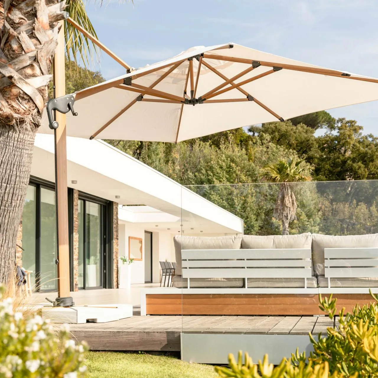 MOBELLIA Parasol déporté rectangulaire aluminium (4 x 3 m) Yucatan effet Bois et blanc Effet bois - blanc Online