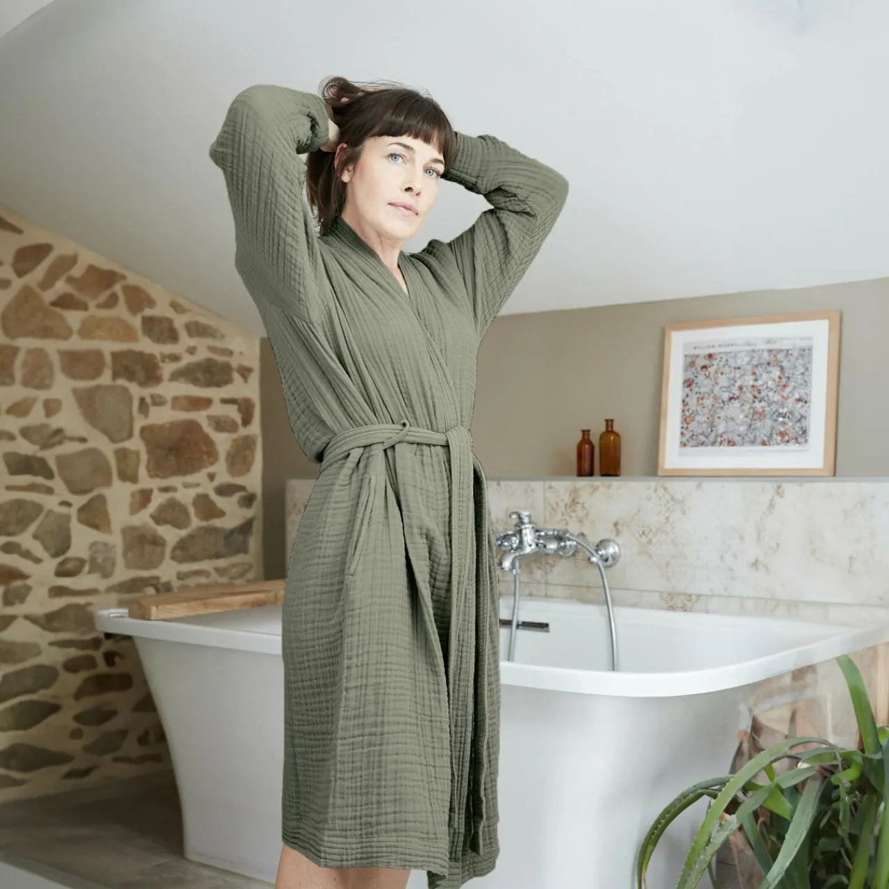 EMINZA Peignoir de bain gaze de coton S/M Gaïa Vert romarin Online