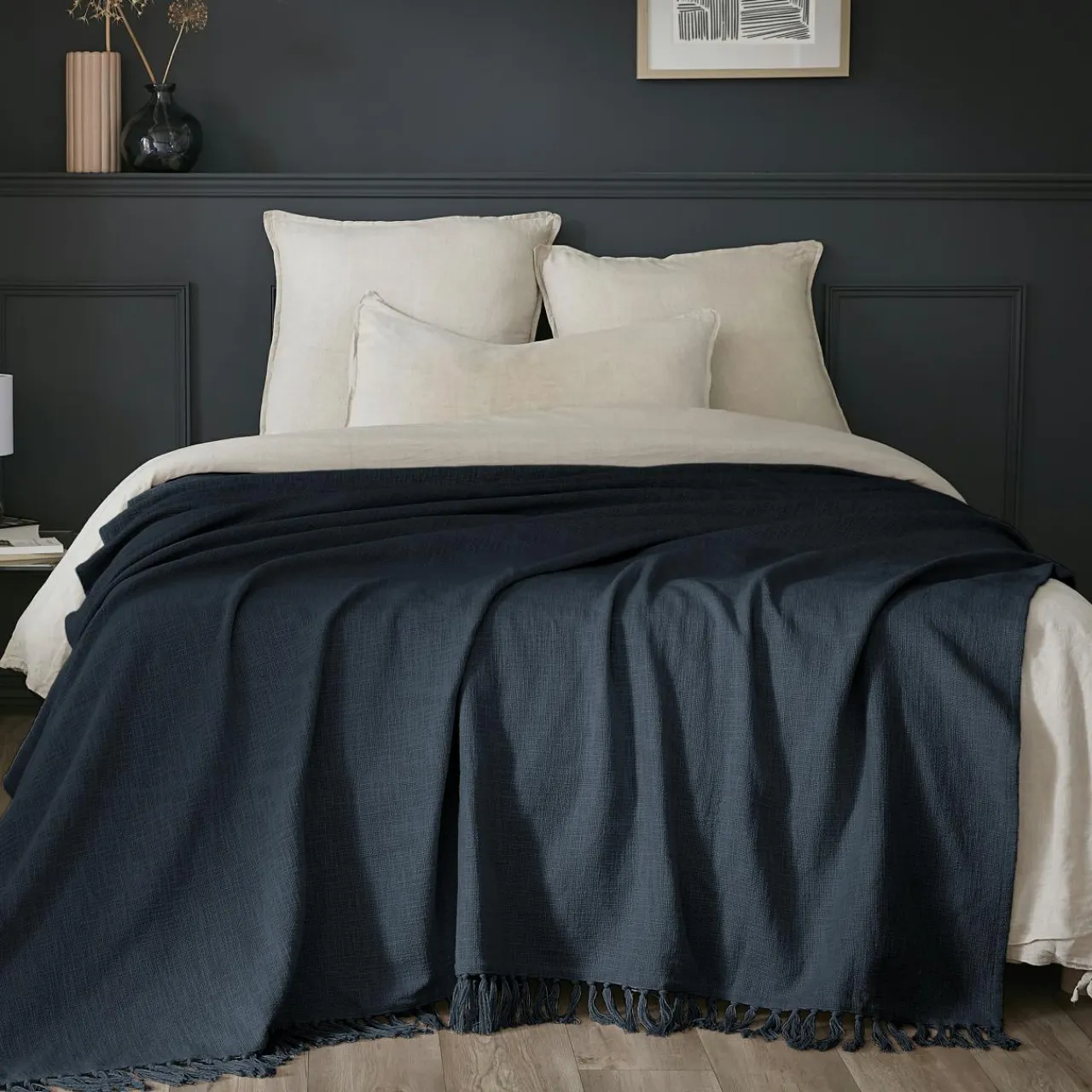 L'EFFET PAPILLON Plaid coton (180 x 220 cm) Sixtine Bleu nuit Outlet