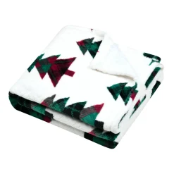 STOF Plaid de Noël en flanelle (130 x 160 cm) Forêt de sapin Blanc et Vert Clearance