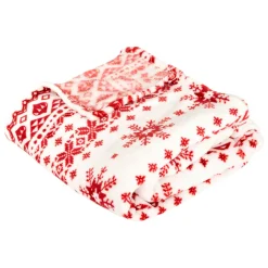 JJA Plaid de Noël (180 x 130 cm) Flocons de neige et blanc Rouge Clearance