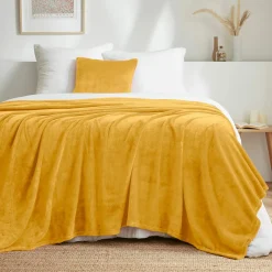 EMINZA Plaid doux flanelle (220 x 240 cm) Didou Jaune moutarde Clearance
