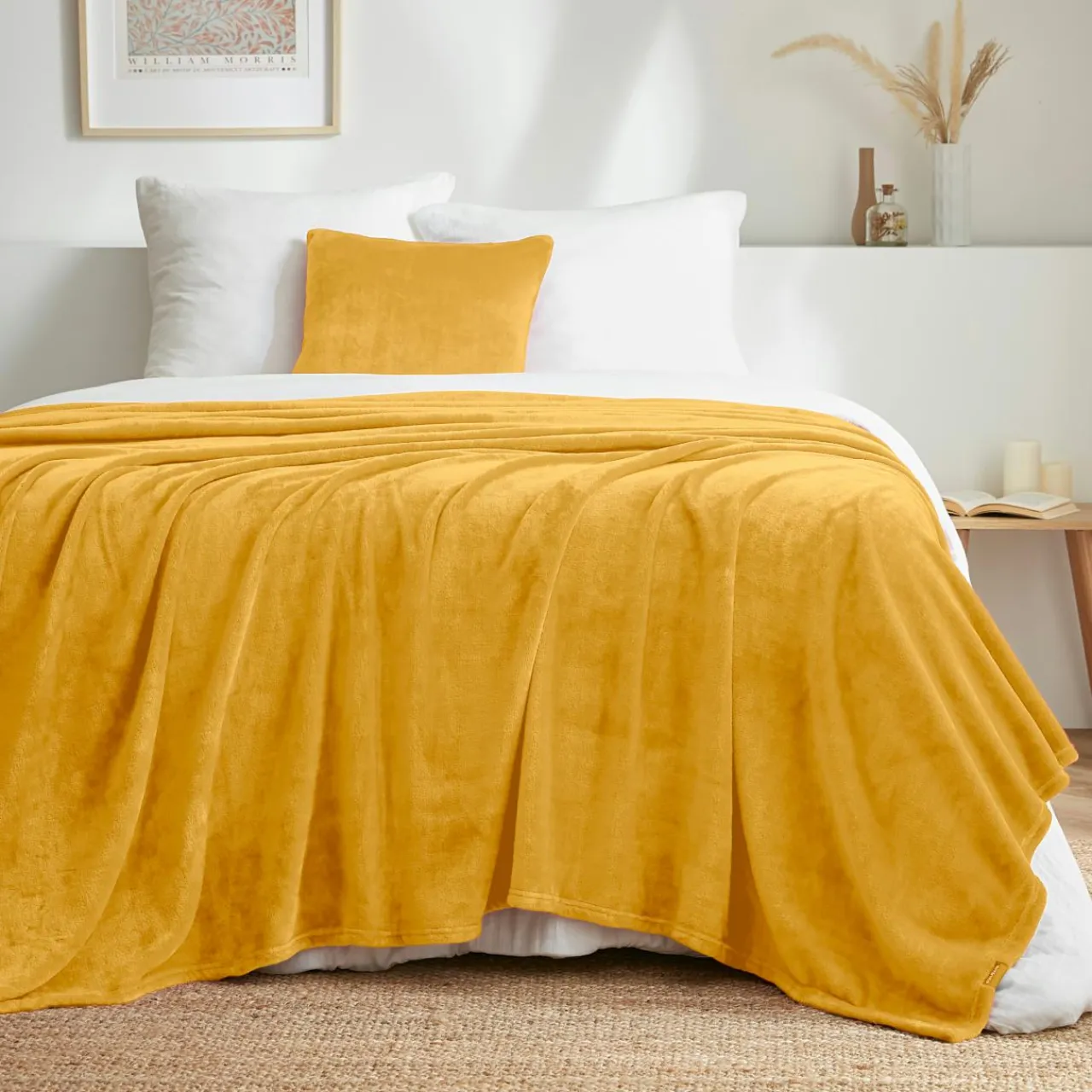 EMINZA Plaid doux flanelle (220 x 240 cm) Didou Jaune moutarde Clearance