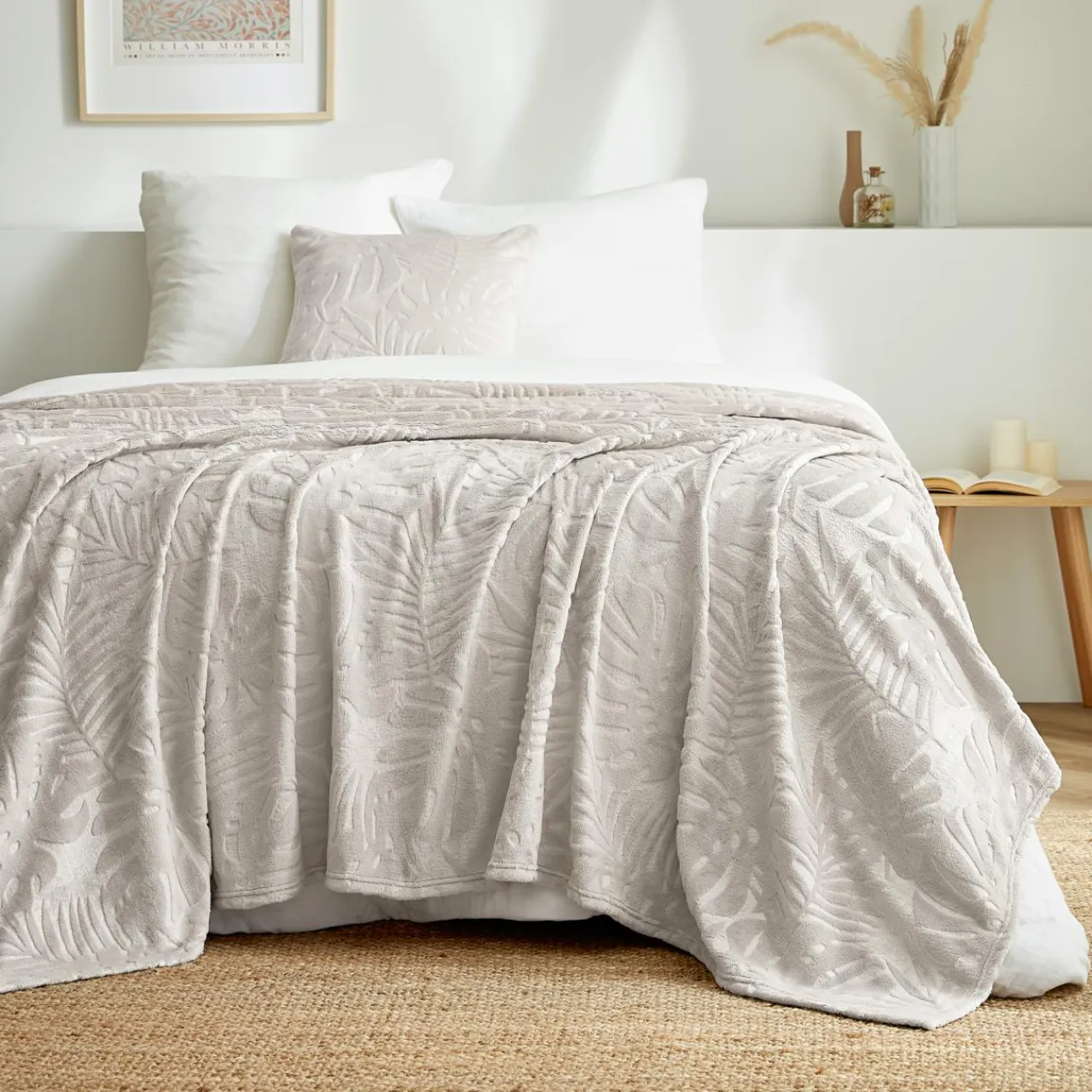 EMINZA Plaid doux flanelle (180 x 230 cm) Flore Ecru Sale