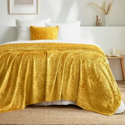 EMINZA Plaid doux flanelle (220 x 240 cm) Flore Jaune moutarde
