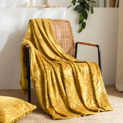 EMINZA Plaid doux flanelle (125 x 150 cm) Flore Jaune moutarde Hot
