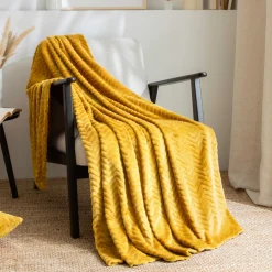 EMINZA Plaid doux flanelle (130 x 180 cm) Zag Jaune moutarde Hot