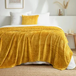 EMINZA Plaid doux flanelle (220 x 240 cm) Zag Jaune moutarde