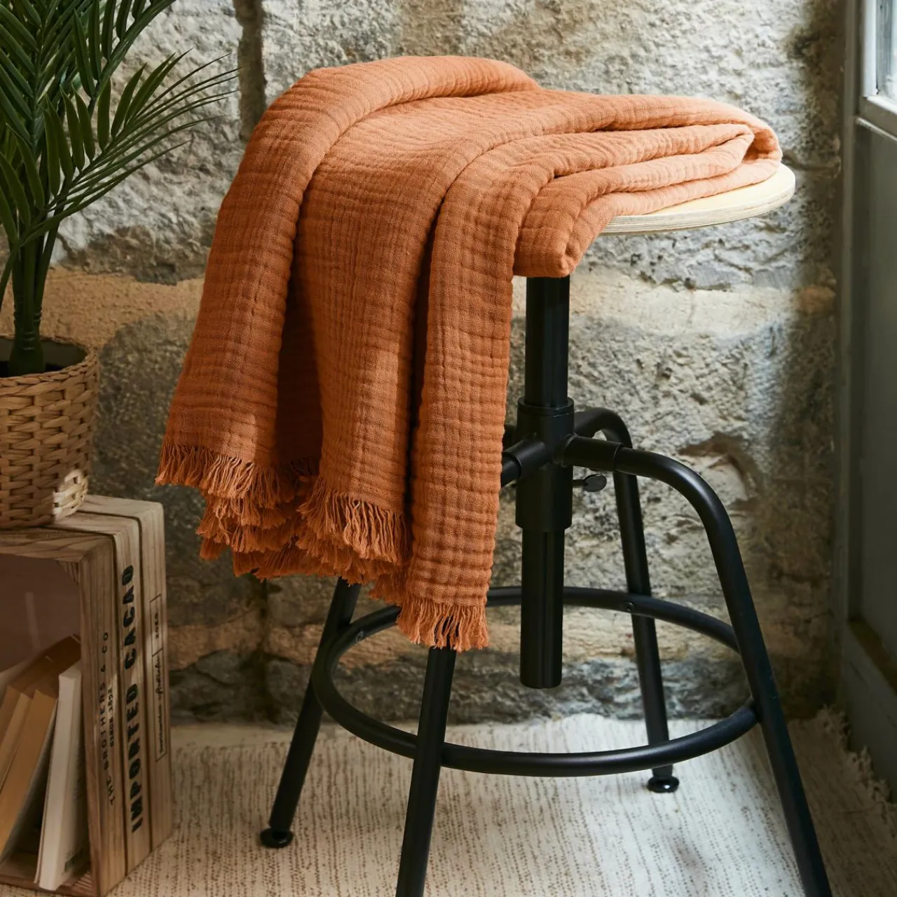 EMINZA Plaid gaze de coton (130 x 160 cm) Gaïa Abricot Outlet
