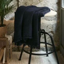 EMINZA Plaid gaze de coton (130 x 160 cm) Gaïa Bleu nuit Discount