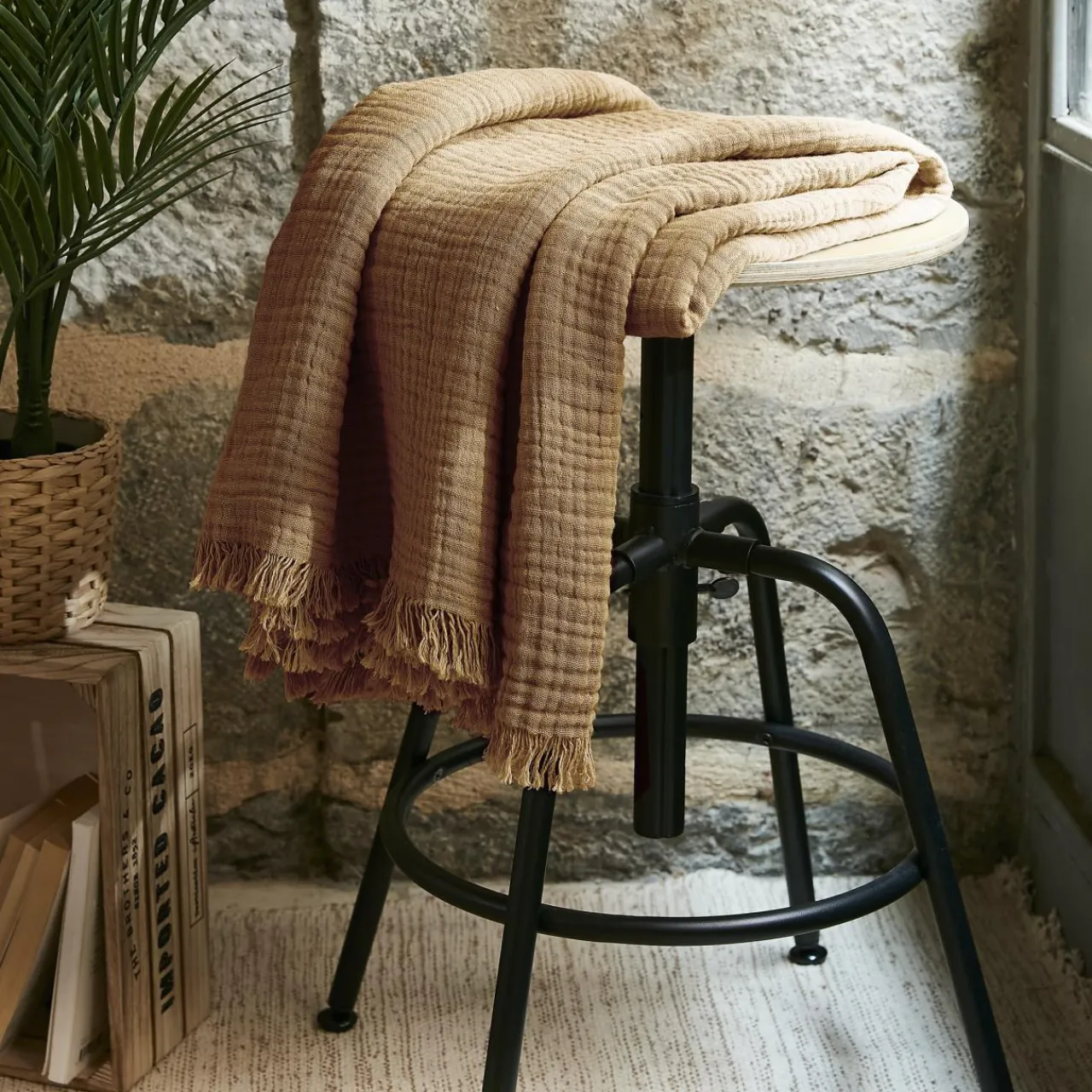 EMINZA Plaid gaze de coton (130 x 160 cm) Gaïa Camel Clearance