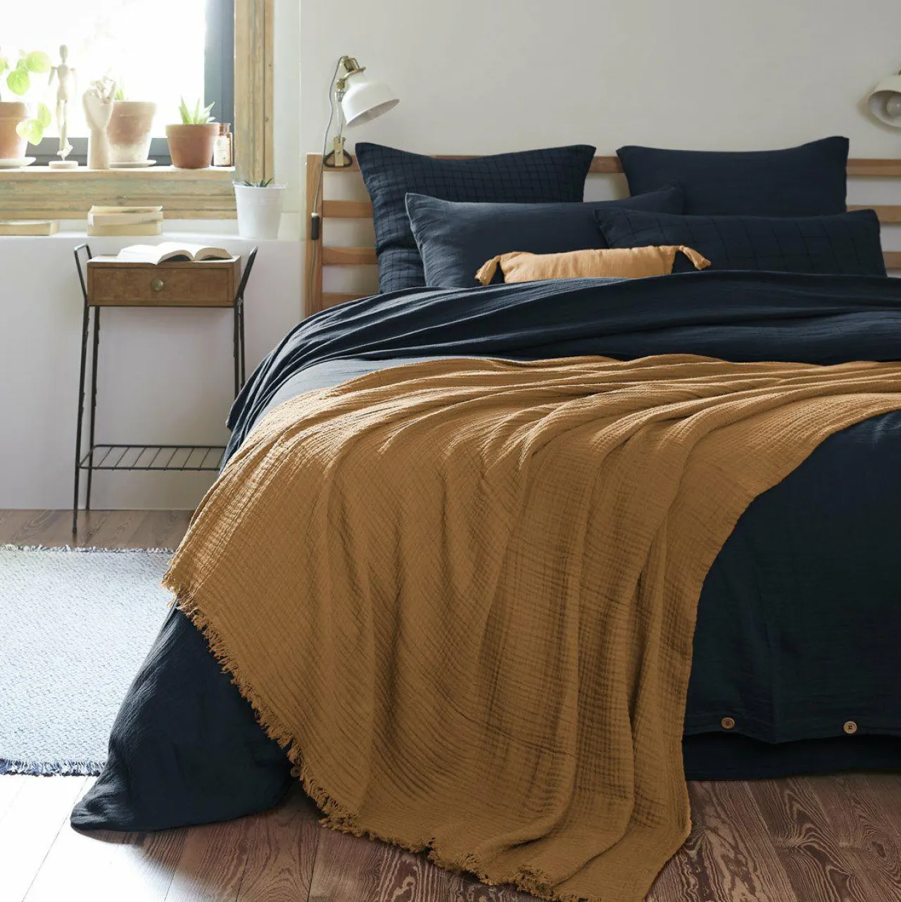 EMINZA Plaid gaze de coton (180 x 220 cm) Gaïa Camel Hot