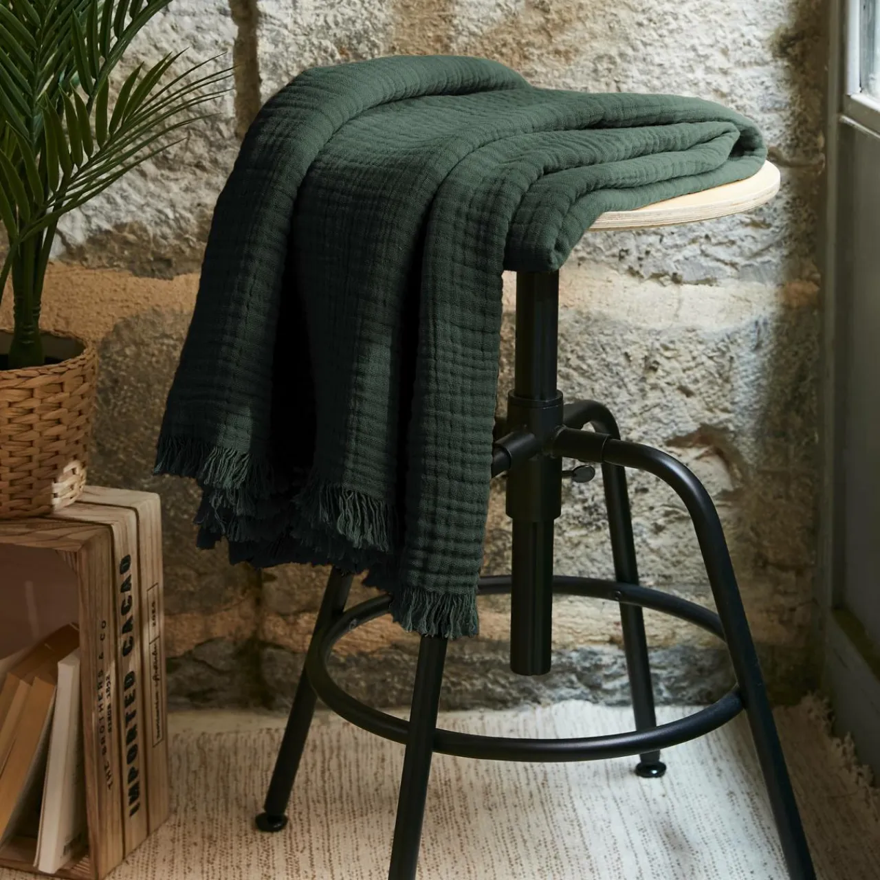 EMINZA Plaid gaze de coton (130 x 160 cm) Gaïa Vert sapin