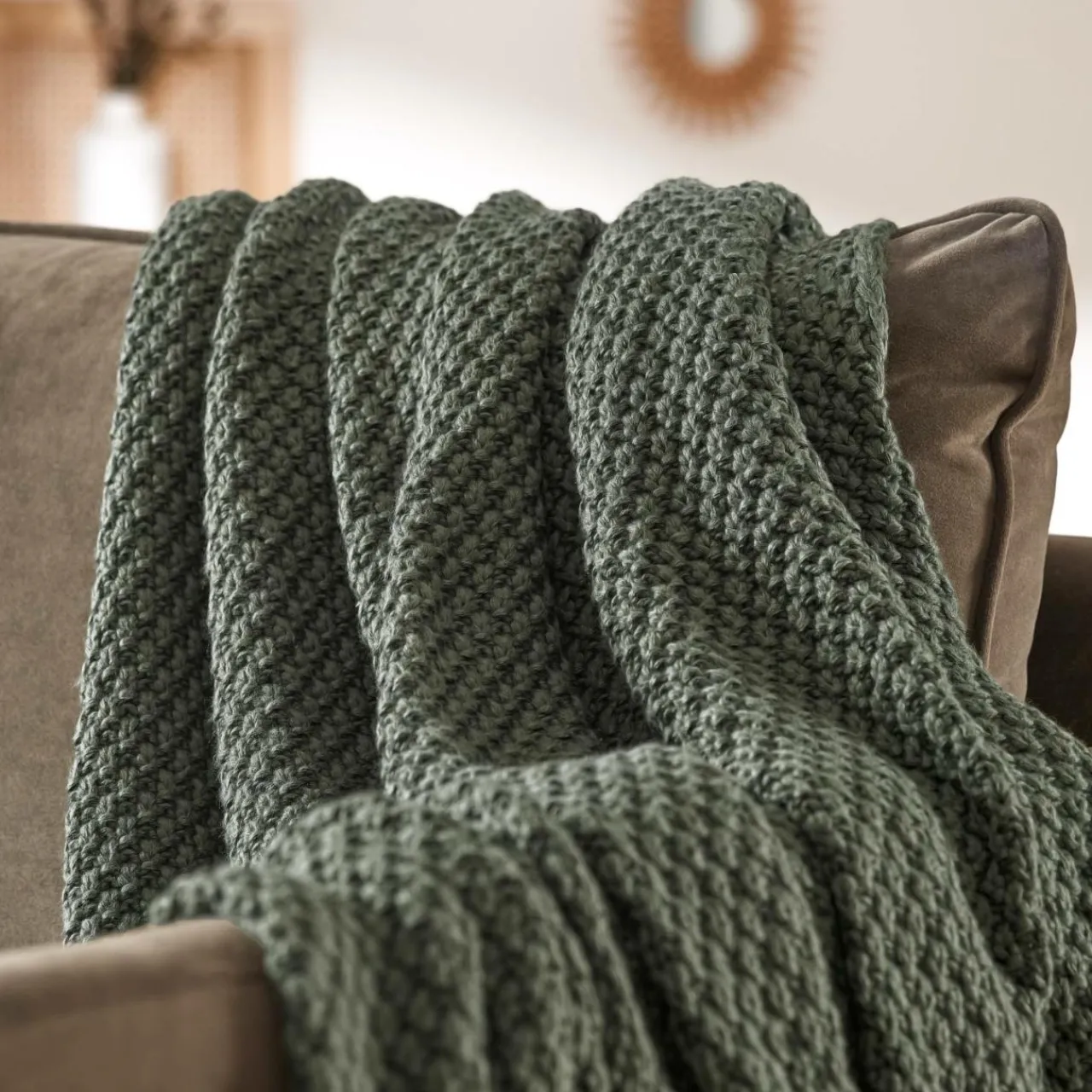 EMINZA Plaid tricot (125 x 150 cm) Tessa Vert kaki Outlet