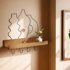 EMINZA Porte-clé mural avec étagère en bois (42 cm) Design et naturel Noir Discount