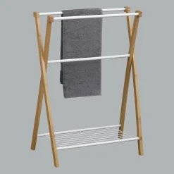 TENDANCE Porte serviette 3 barres + 1 étagère (H86 cm) Bambou Blanc Sale