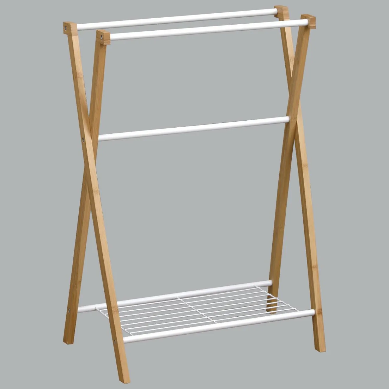 TENDANCE Porte serviette 3 barres + 1 étagère (H86 cm) Bambou Blanc Sale