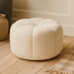 OSTARIA Pouf rond bouclette (D40 x H22 cm) polaire Blanc