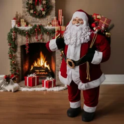 Feeric Lights & Christmas Père Noël déco traditionnel (H124 cm) Velours Rouge Discount