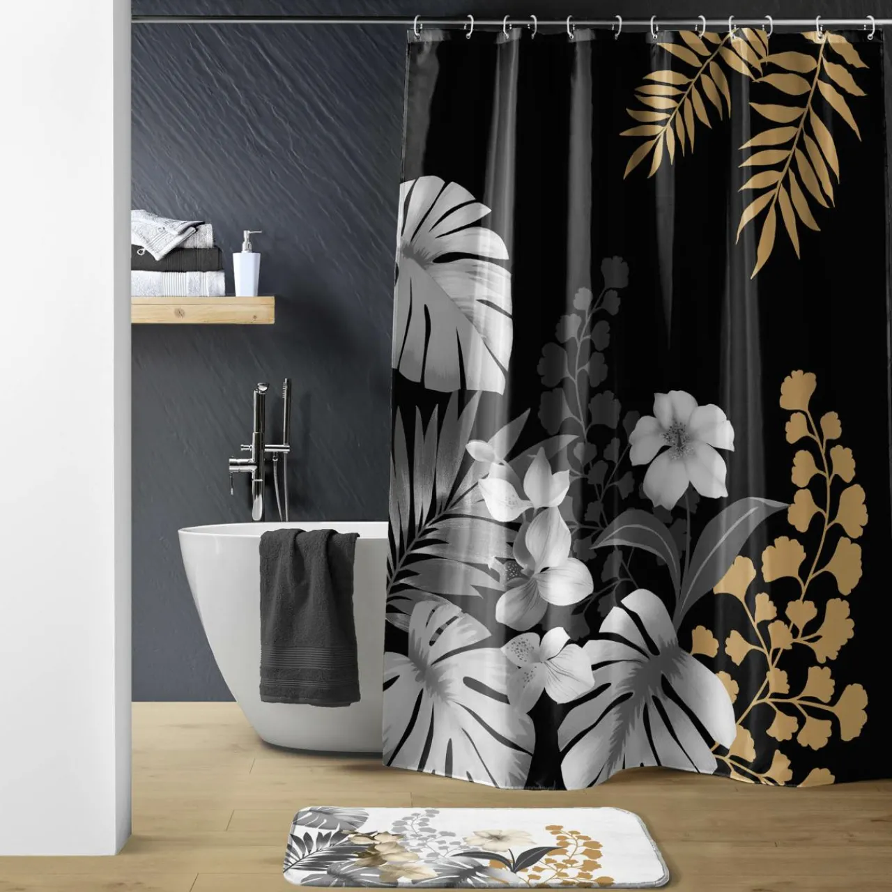douceur d'intu017drieur Rideau de douche à anneaux (180 x 200 cm) Kelly Noir