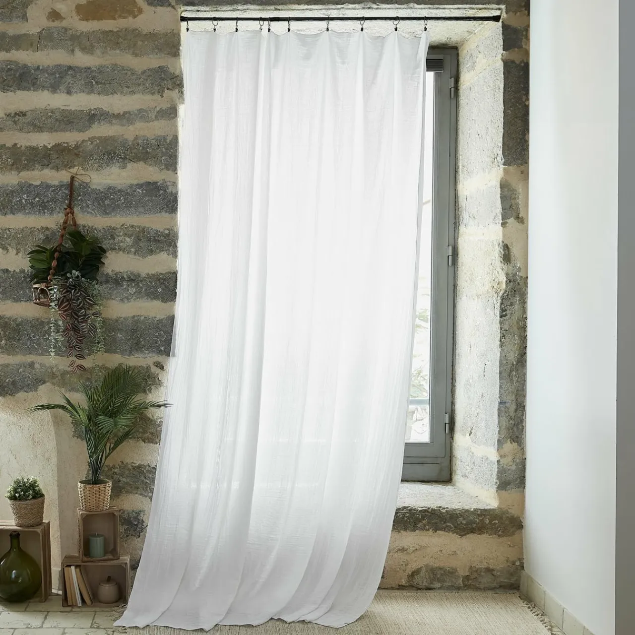 EMINZA Rideau gaze de coton ajustable (140 x max 300 cm) Gaïa chantilly Blanc Outlet