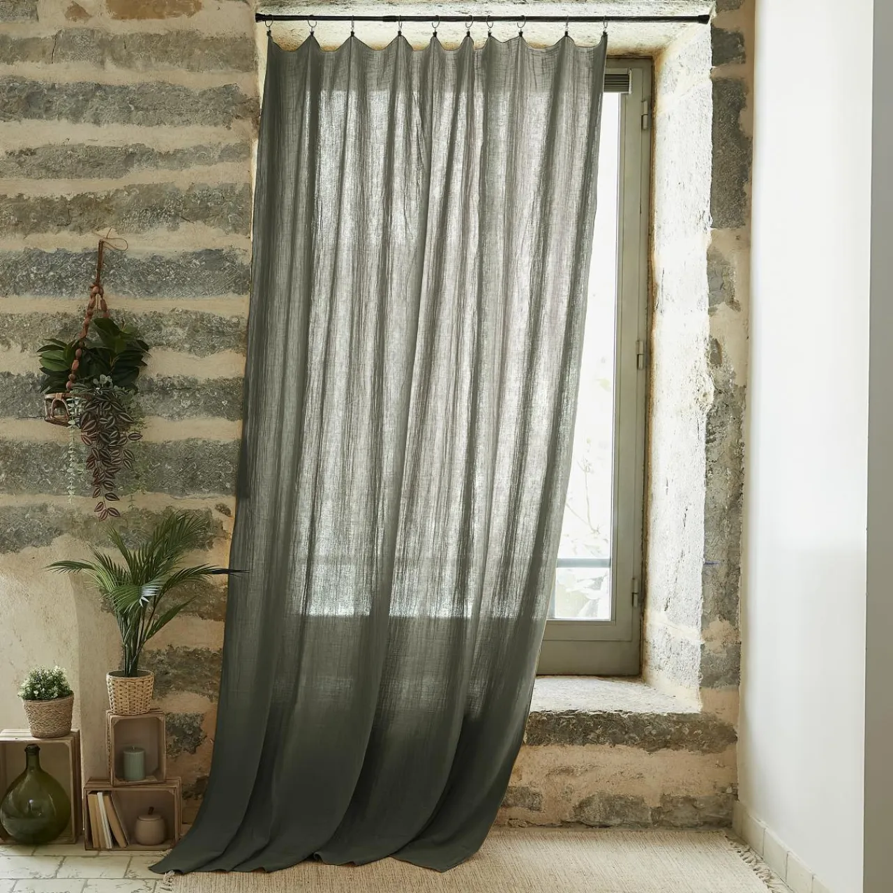 EMINZA Rideau gaze de coton ajustable (180 x max 300 cm) Gaïa Vert romarin