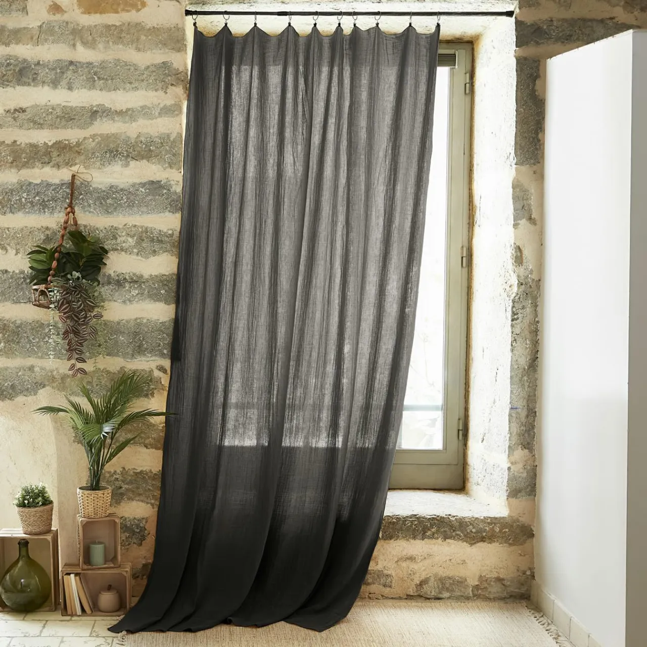 EMINZA Rideau gaze de coton ajustable (140 x max 300 cm) Gaïa Gris granit Gris foncé Outlet