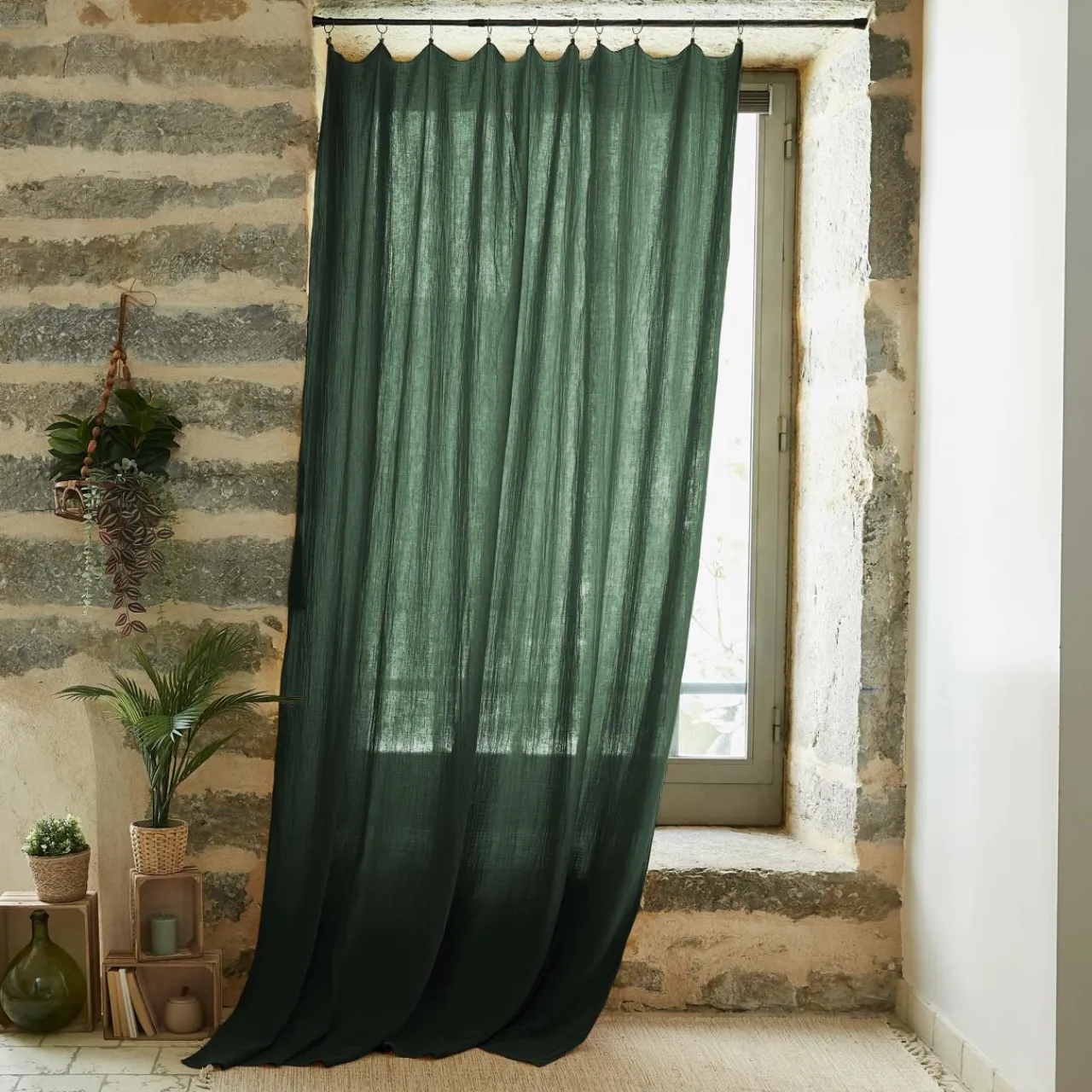 EMINZA Rideau gaze de coton ajustable (140 x 300 cm) Gaïa Vert sapin Outlet