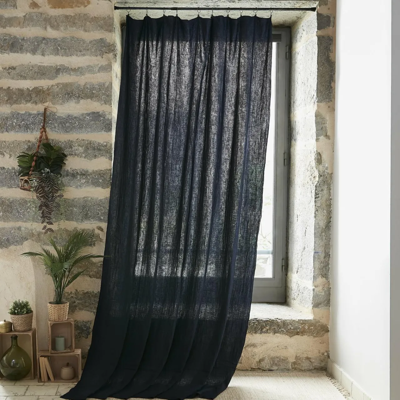 EMINZA Rideau gaze de coton ajustable (140 x max 300 cm) Gaïa Bleu nuit