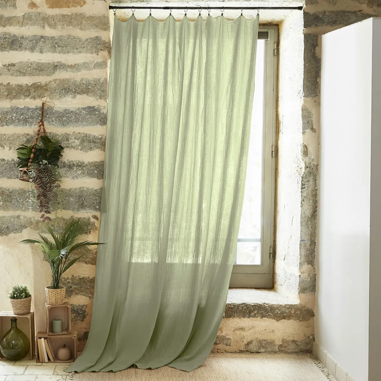 EMINZA Rideau gaze de coton ajustable (140 x max 300 cm) Gaïa Vert tilleul