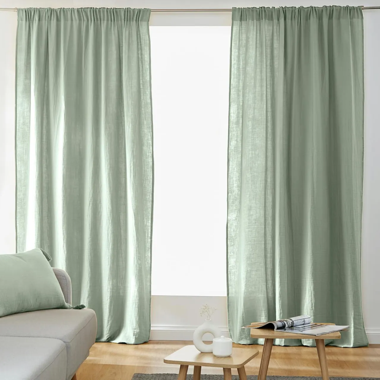 EMINZA Rideau gaze de coton galon fronceur (180 x 240 cm) Gaïa Vert Eucalyptus
