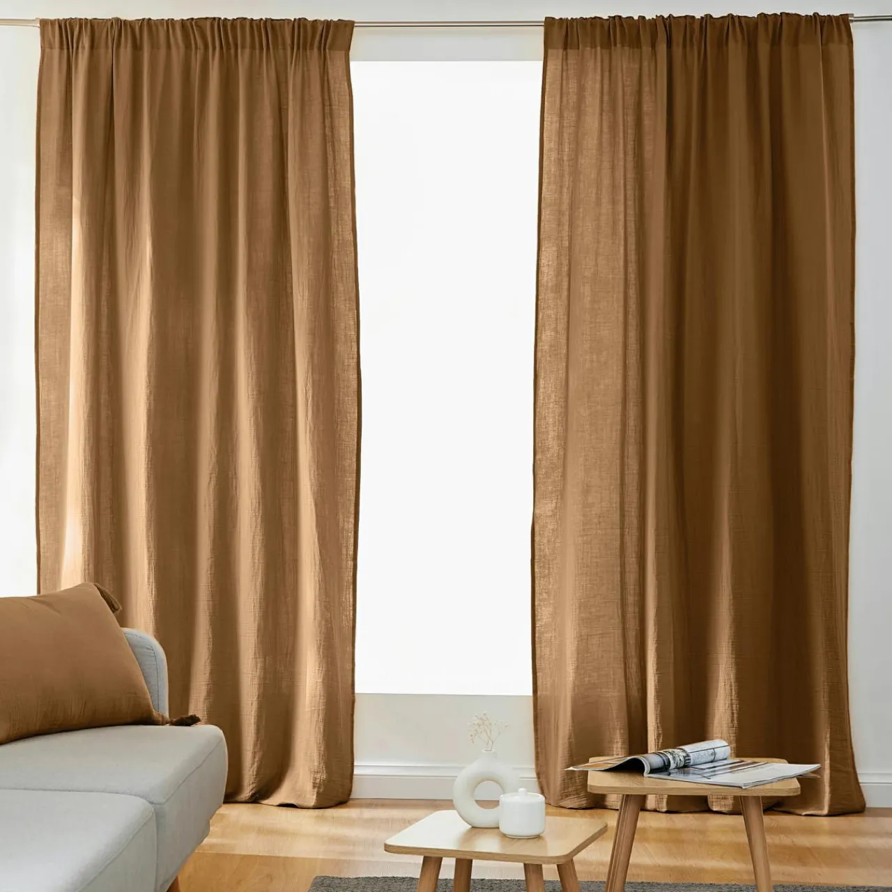 EMINZA Rideau gaze de coton galon fronceur (140 x 240 cm) Gaïa Camel
