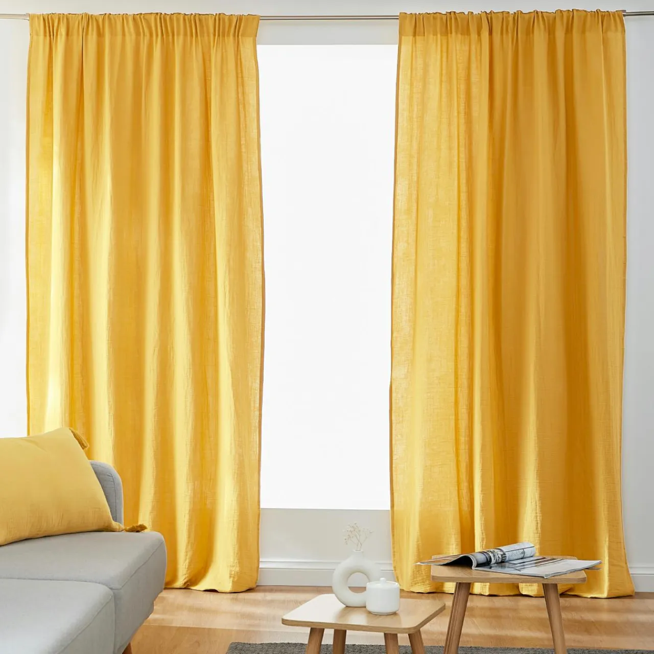 EMINZA Rideau gaze de coton galon fronceur (140 x 240 cm) Gaïa Jaune safran Hot