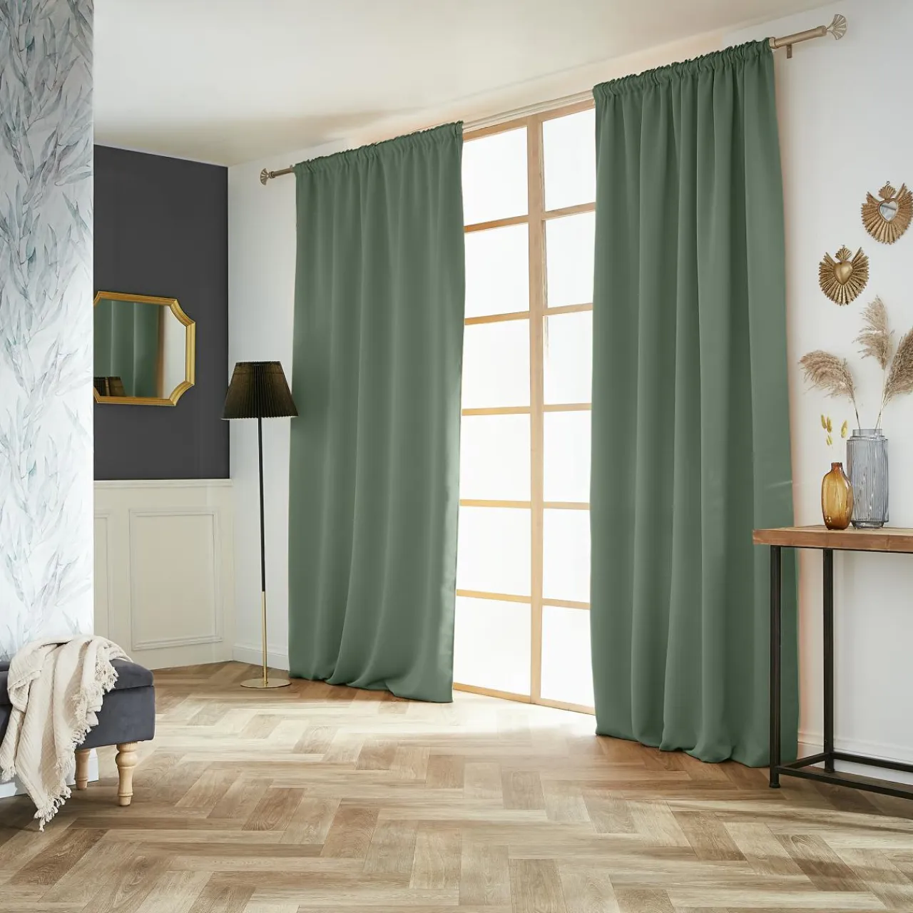 EMINZA Rideau obscurcissant galon fronceur (140 x 260 cm) Dark Vert romarin Discount