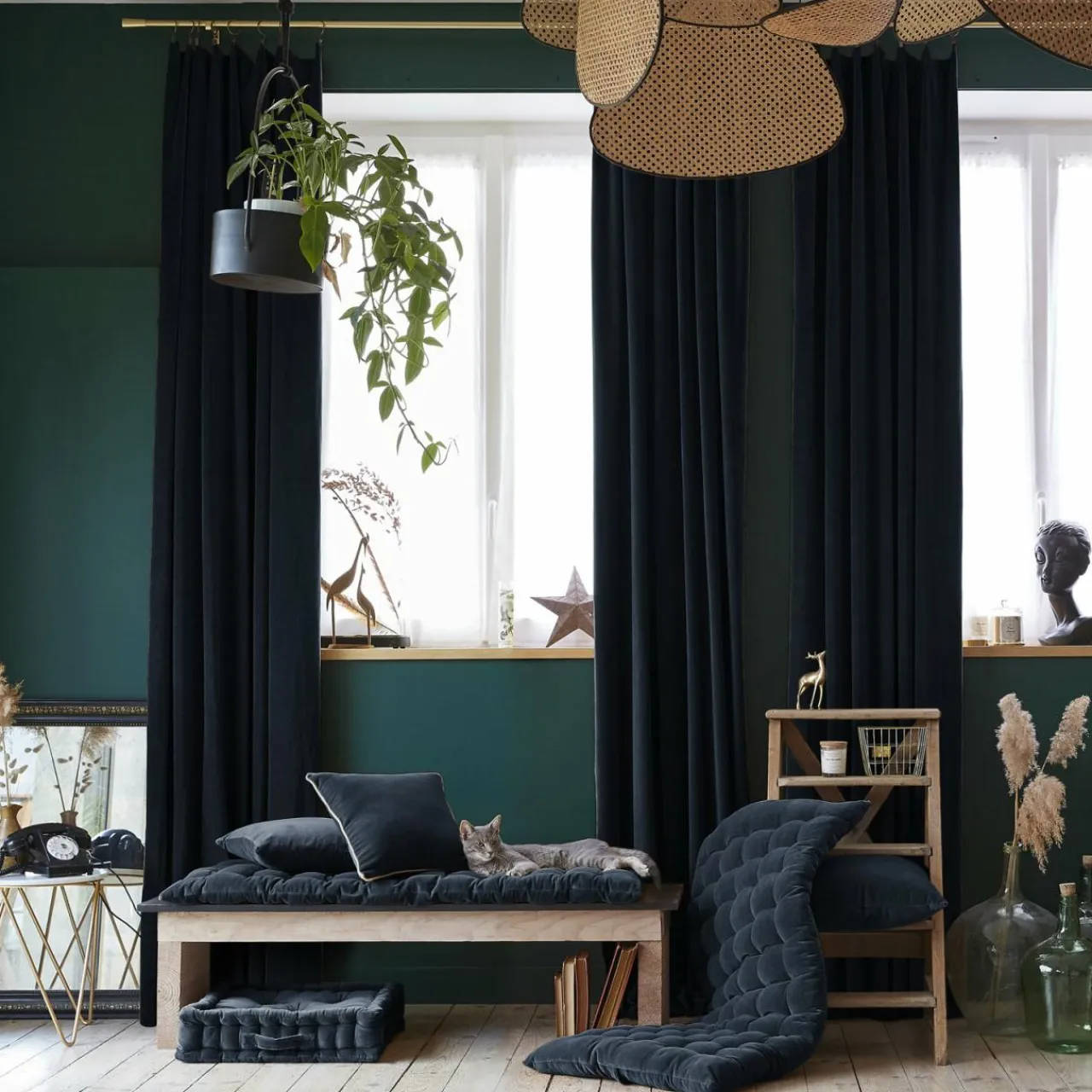 EMINZA Rideau velours de coton ajustable (140 x max 270 cm) Victor Bleu nuit Sale