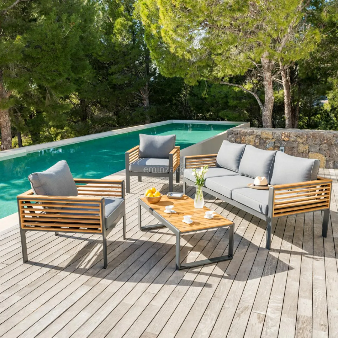 MOBELLIA Salon de jardin aluminium et bois teck 5 places Bali Gris et ardoise Anthracite Online