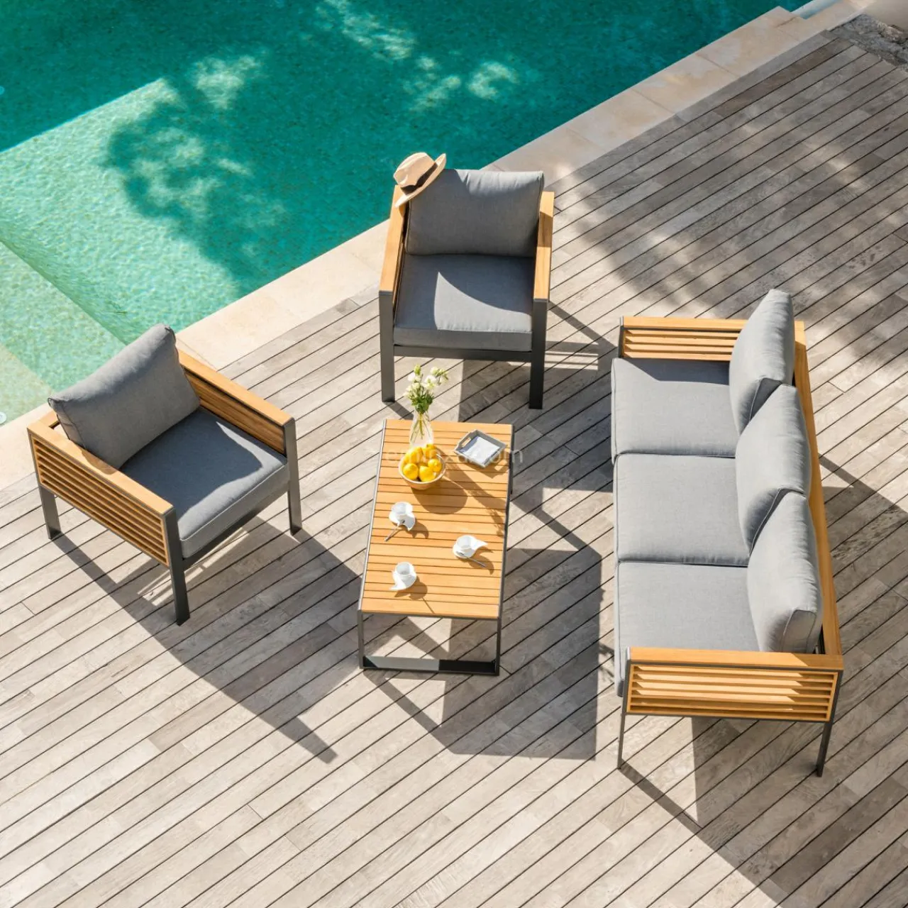 MOBELLIA Salon de jardin aluminium et bois teck 5 places Bali Gris et ardoise Anthracite Online