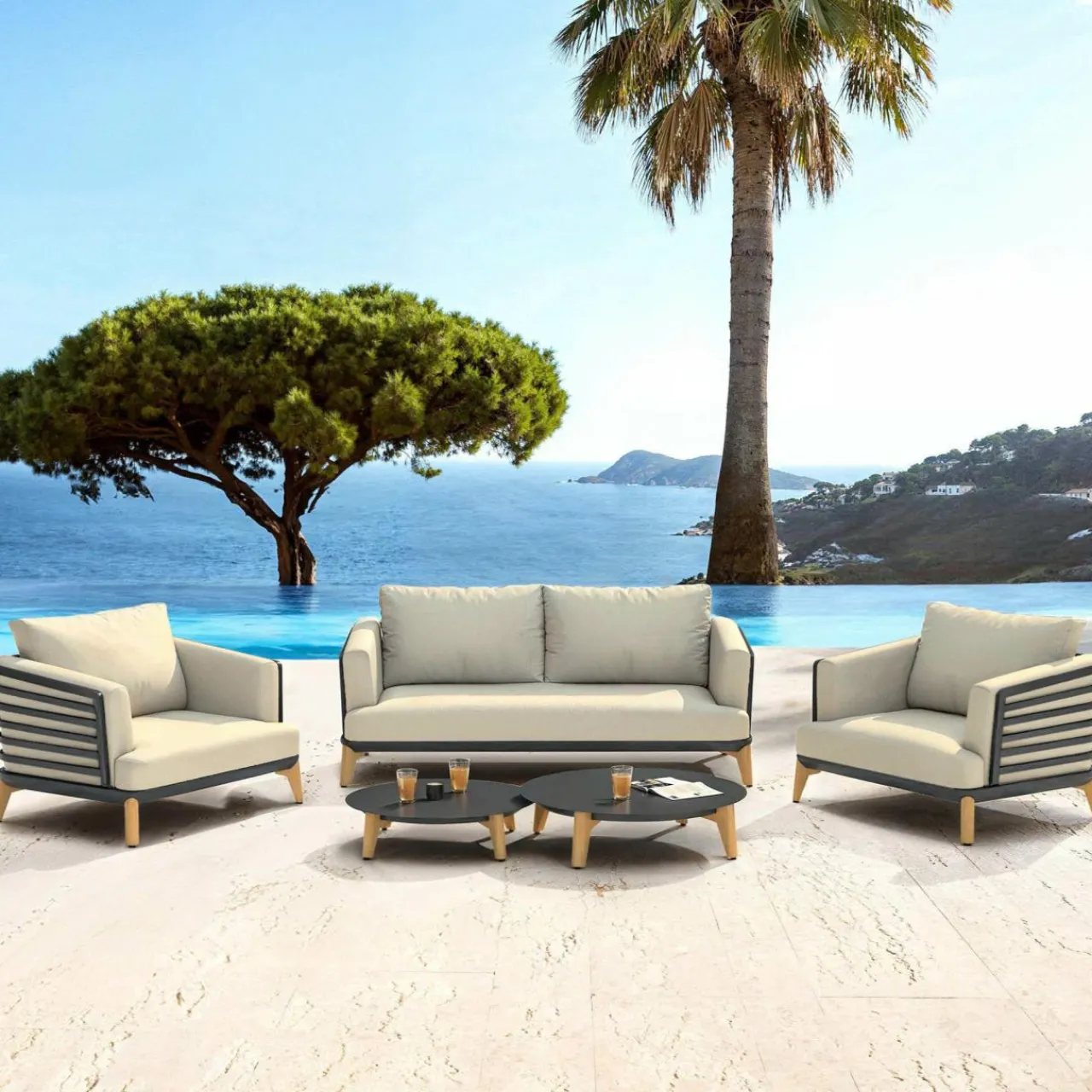 MOBELLIA Salon de jardin aluminium 4 places 5 pcs Monte Carlo Gris anthracite et beige Anthracite - Beige Hot