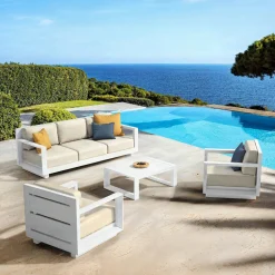 MOBELLIA Salon de jardin aluminium 5 places 4 pcs Elba Blanc et beige Blanc - Beige Online