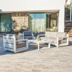MOBELLIA Salon de jardin aluminium 5 places 4 pcs Elba Blanc et taupe Blanc - Taupe New