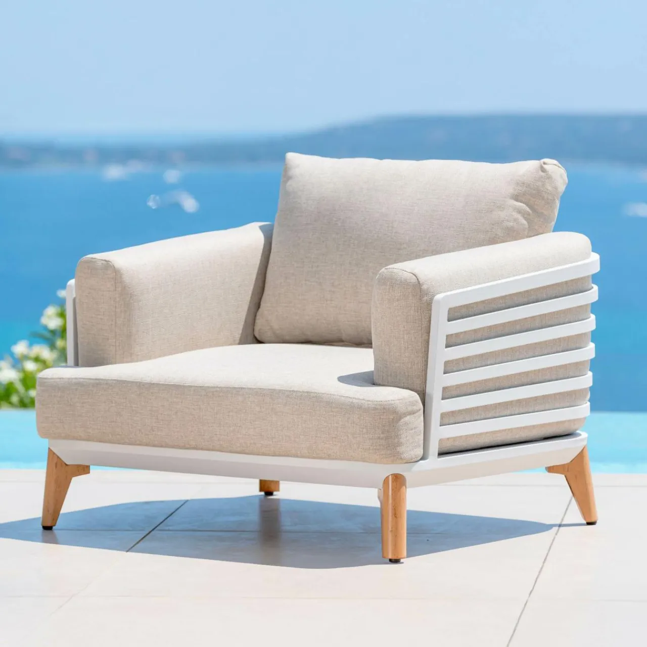 MOBELLIA Salon de jardin aluminium 5 places 5 pcs Monte Carlo Blanc et taupe Blanc - Taupe New