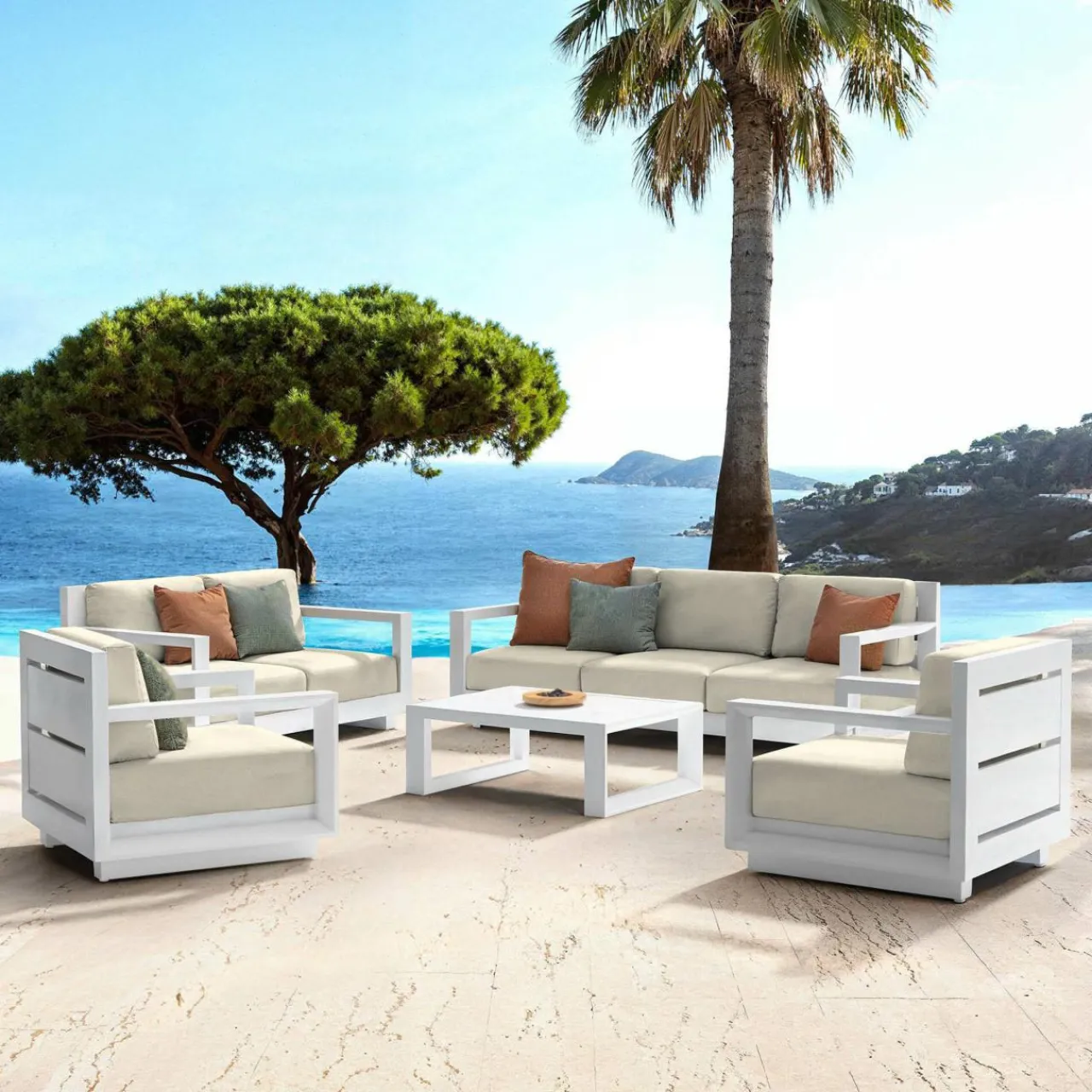 MOBELLIA Salon de jardin aluminium 7 places 5 pcs Elba Blanc et beige Blanc - Beige Discount
