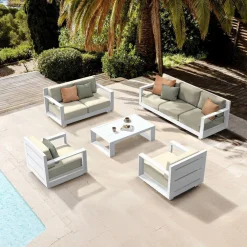 MOBELLIA Salon de jardin aluminium 7 places 5 pcs Elba Blanc et beige Blanc - Beige Discount