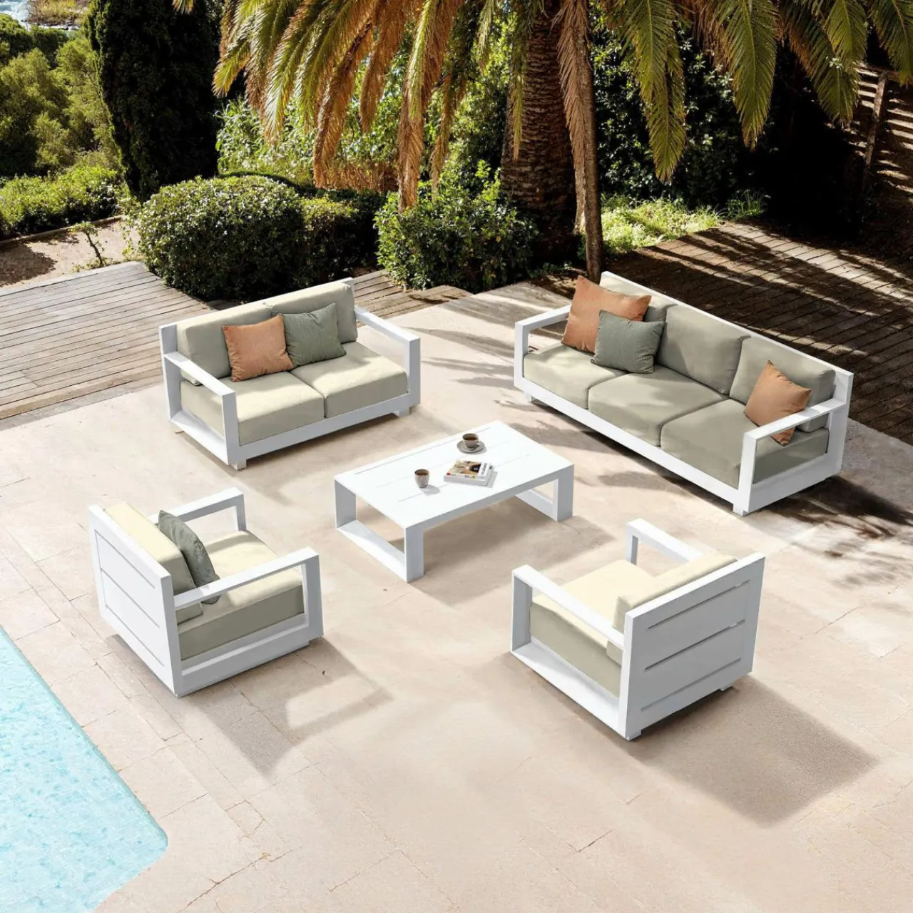 MOBELLIA Salon de jardin aluminium 7 places 5 pcs Elba Blanc et beige Blanc - Beige Discount